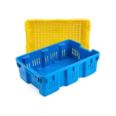 A blue plastic crate with yellow lid sitting next to it.