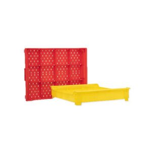 A red and yellow plastic crate sitting next to each other.