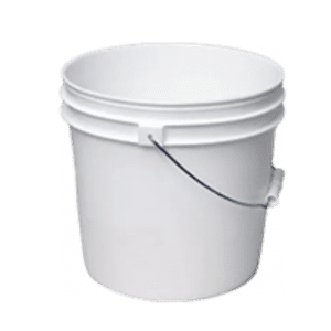 A white bucket with a handle on top of it.