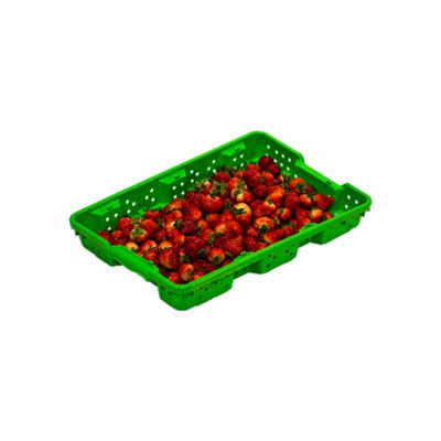 A green tray with strawberries in it.