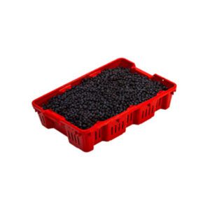A red plastic container filled with black sand.