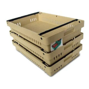 A stack of three beige plastic trays.