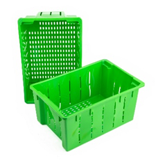 A green plastic crate with a lid on top of it.