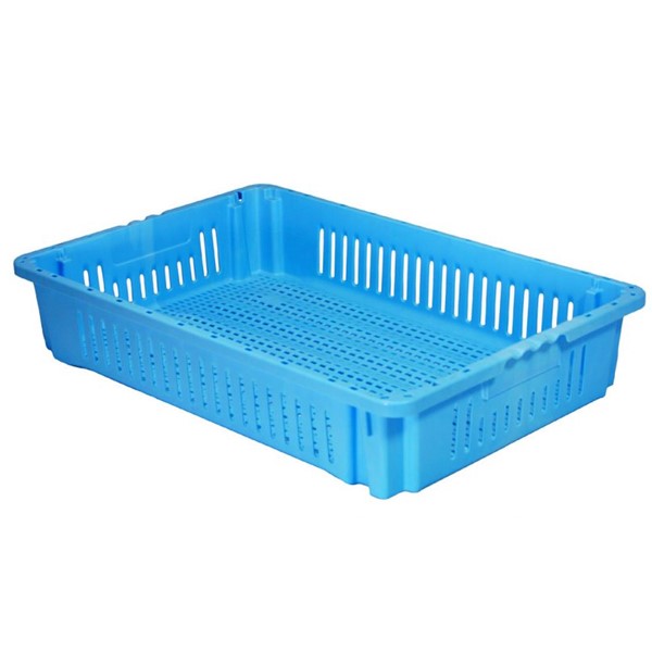 A blue plastic container with a long handle.
